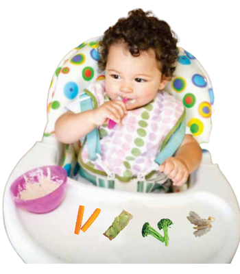 Baby in a high chair with a selection of finger foods in front of them.