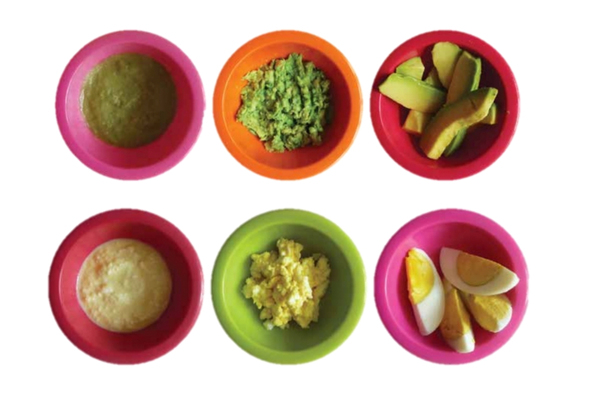 6 images of different textured baby foods.
